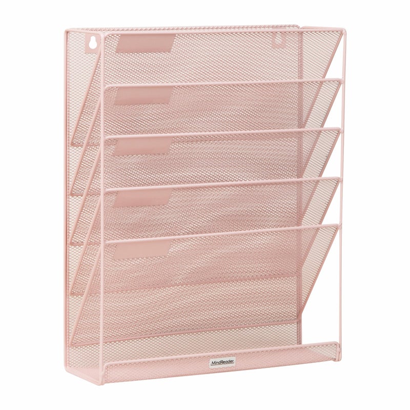 Mind Reader 5-Pocket Vertical File Storage, Desktop Organizer, Wall Mount, Office, Metal Mesh, Pink - Image 1